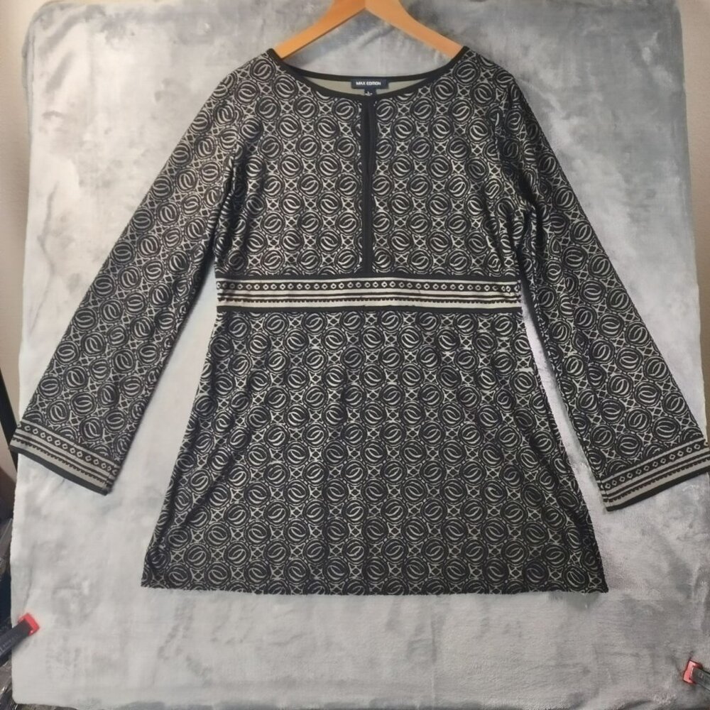 Black & Tan Geometric Pattern Long Sleeve Dress By Max Edition L Babydoll Office